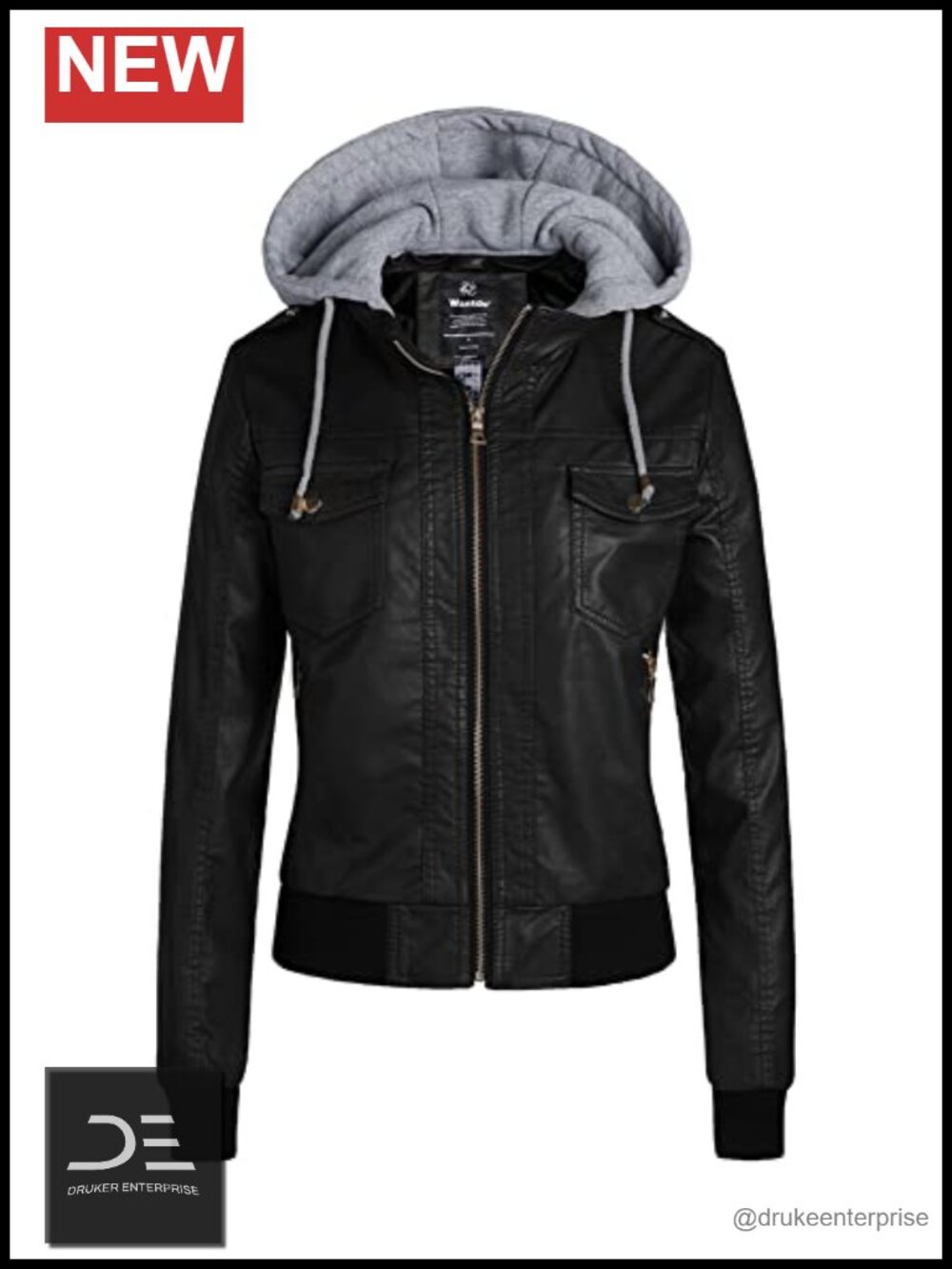 Faux Leather Jacket for Women PU Moto Biker Bomber Motorcycle Coat Hooded